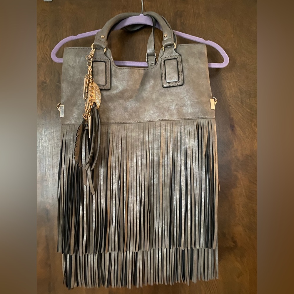 Gray Fringe Purse with Gold Charms